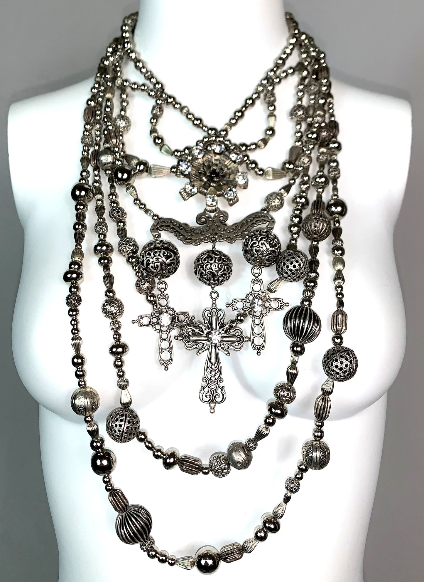 EXTREMELY RARE F/W 1997 Christian Dior by John Galliano Huge Silver Cross Crucifix Beaded Wide Masai Choker Necklace