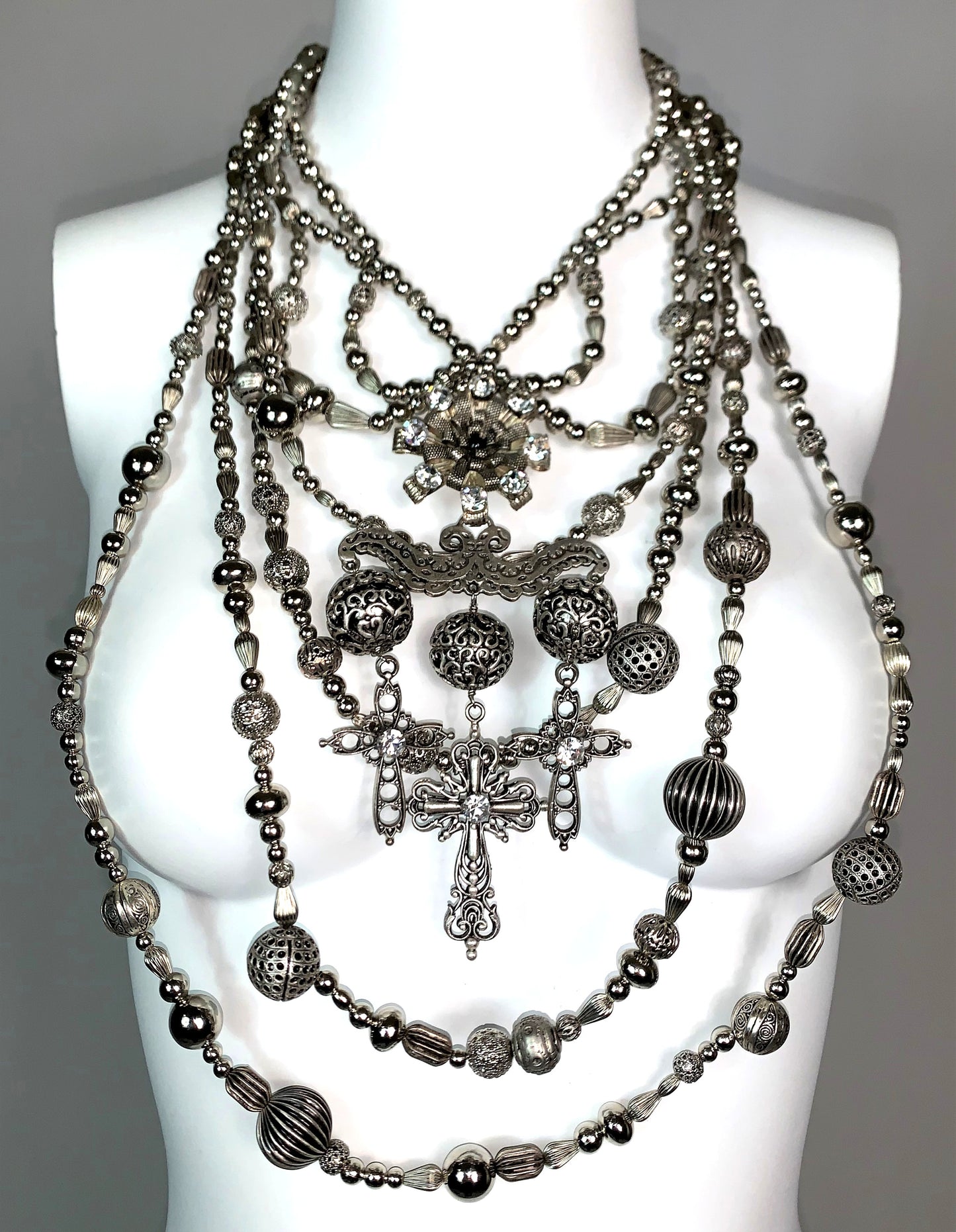 EXTREMELY RARE F/W 1997 Christian Dior by John Galliano Huge Silver Cross Crucifix Beaded Wide Masai Choker Necklace