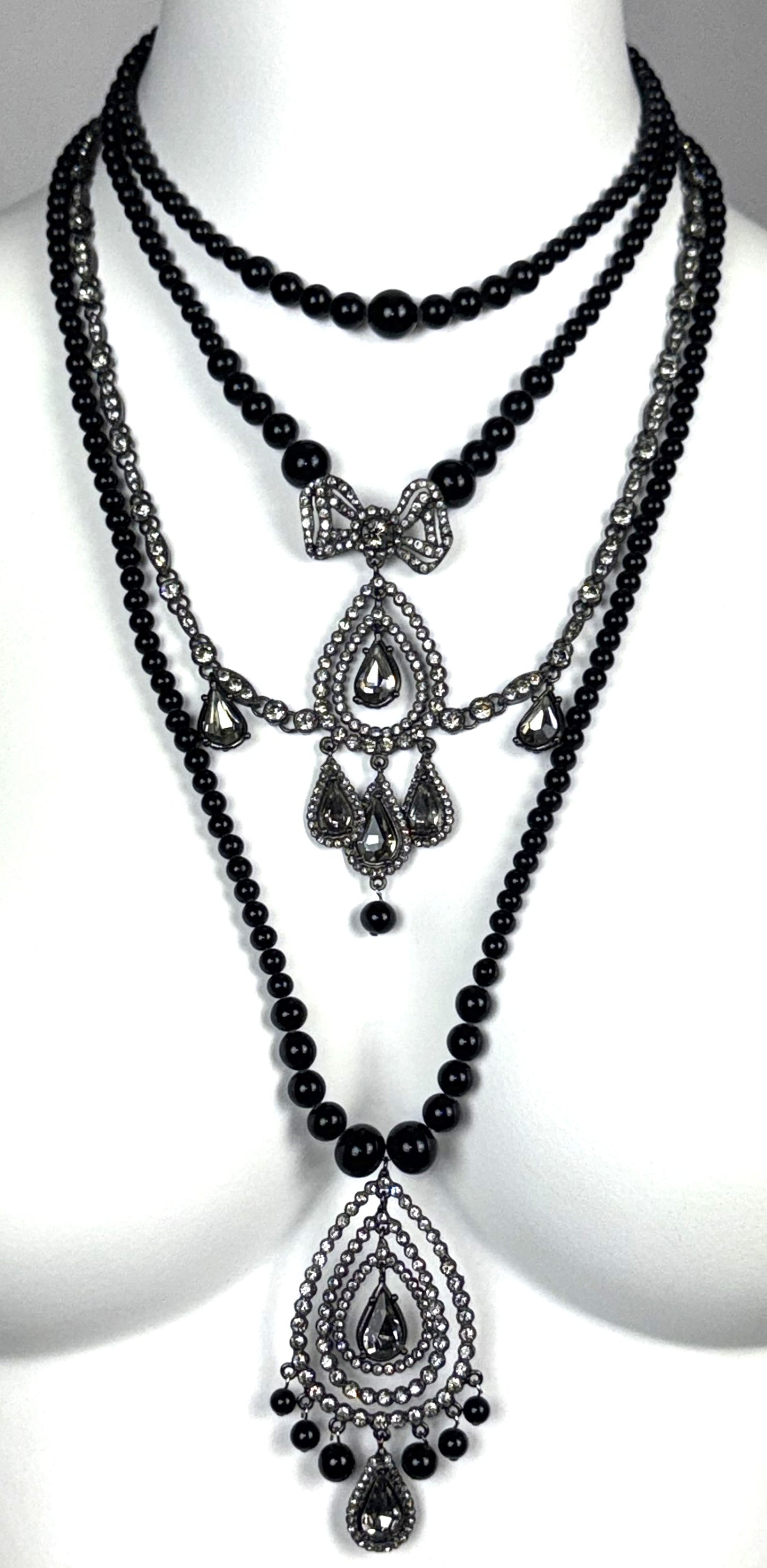 F/W 1997 Christian Dior x John Galliano Onyx Black Large Layered Bow Necklace & Chandelier Earrings Set