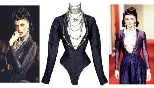 F/W 1997 Christian Dior by John Galliano Runway Plunging Plum Purple Brocade Bodysuit Top