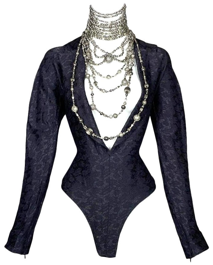 F/W 1997 Christian Dior by John Galliano Runway Plunging Plum Purple Brocade Bodysuit Top