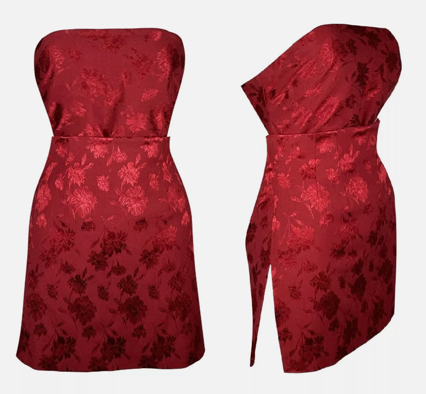 F/W 1997 Christian Dior by John Galliano Runway Red Floral Strapless Bodysuit & Pencil High Slit Chinoiserie Skirt Set