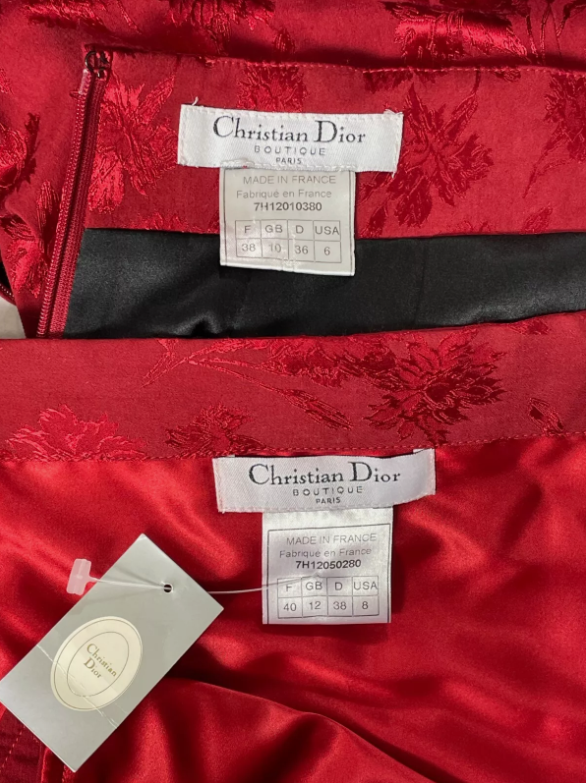 F/W 1997 Christian Dior by John Galliano Runway Red Floral Strapless Bodysuit & Pencil High Slit Chinoiserie Skirt Set