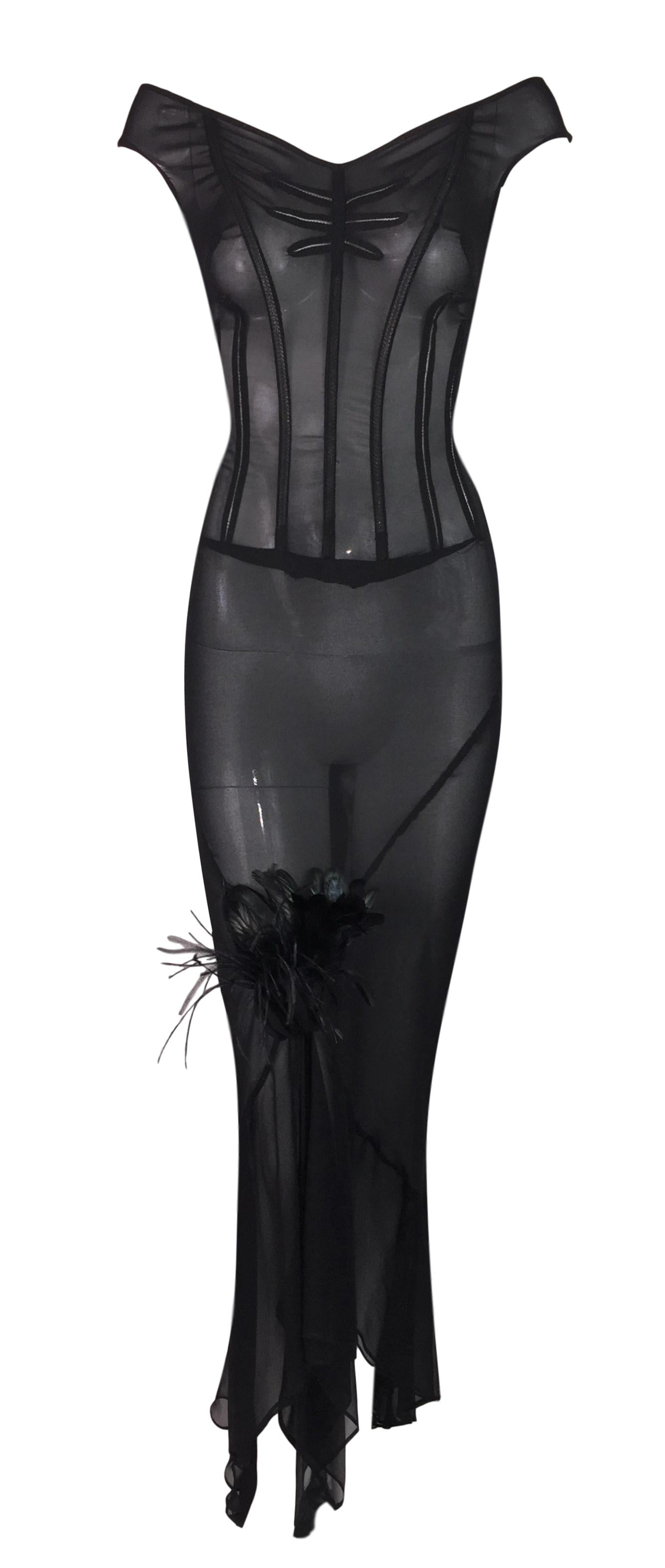 F/W 1997 Dolce & Gabbana Runway Sheer Black Off Shoulder Feather Gown Dress