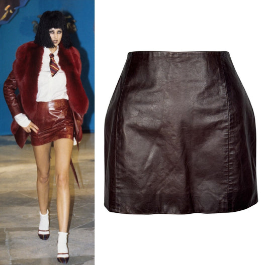 F/W 1997 John Galliano Runway Brown Leather Micro Mini Skirt