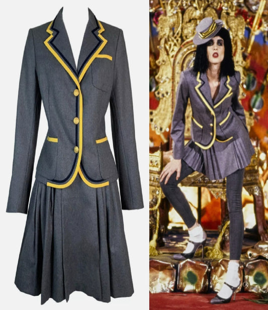 F/W 1997 John Galliano Runway Gray School Girl Pleated Mini Skirt & Jacket Suit