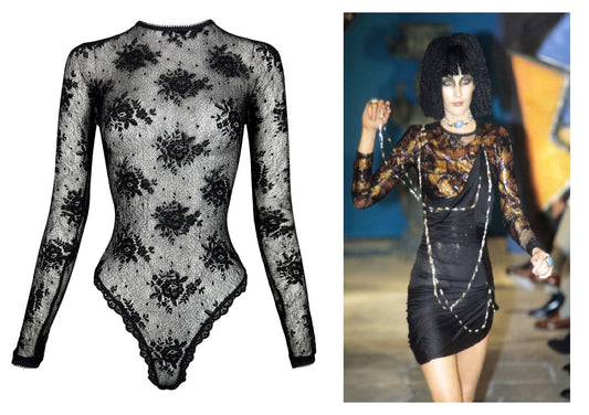 F/W 1997 John Galliano Runway Sheer Black Lace L/S Bodysuit Top