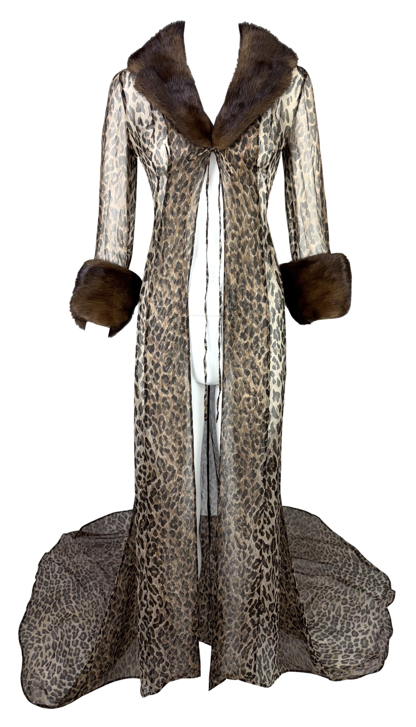 S/S 1997 Dolce & Gabbana Runway Sheer Silk Leopard & Mink Fur Coat Dress w Train