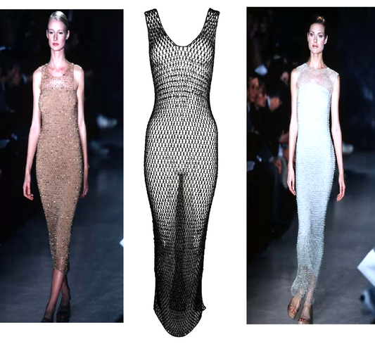Vintage S/S 1997 Donna Karan Runway Sheer Black Knit Fishnet Beaded Mesh Maxi Dress