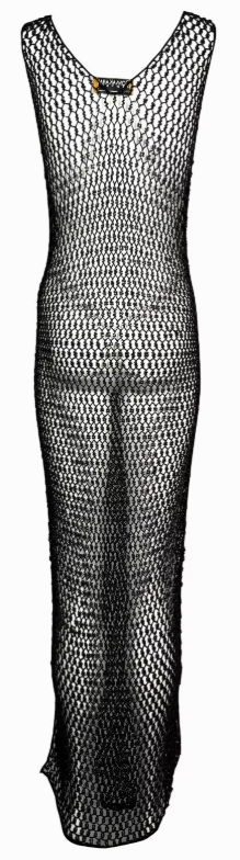 Vintage S/S 1997 Donna Karan Runway Sheer Black Knit Fishnet Beaded Mesh Maxi Dress