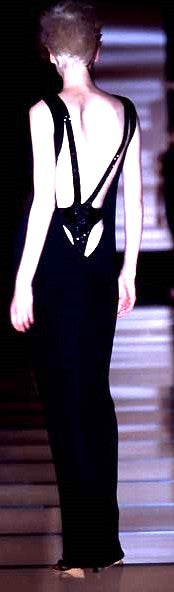 S/S 1997 Gianfranco Ferre Black Beaded Open Chest Bodysuit Top & Leather High Slit Rocker Maxi Skirt Set