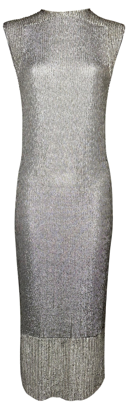 S/S 1997 Gianfranco Ferre 1920's Flapper Style Silver Crystal Beaded Column Maxi Dress