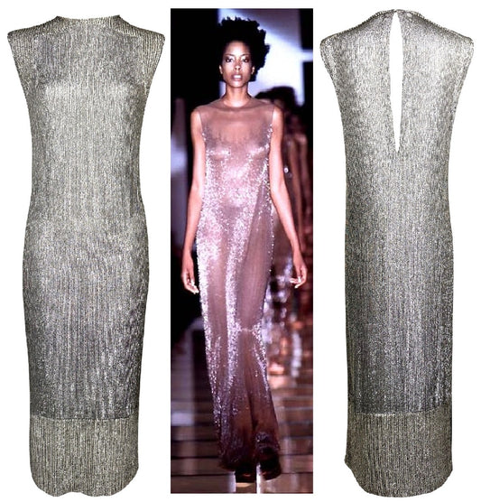 S/S 1997 Gianfranco Ferre 1920's Flapper Style Silver Crystal Beaded Column Maxi Dress
