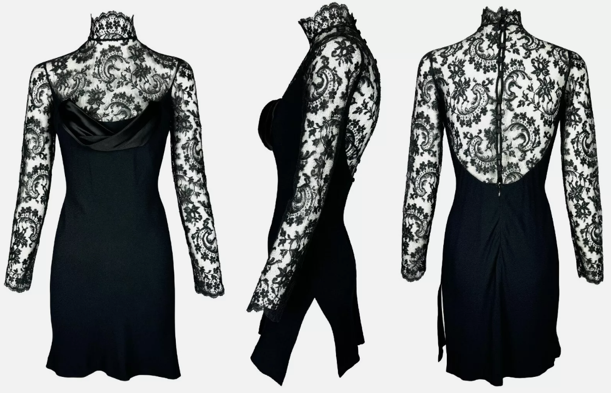 S/S 1997 Givenchy by John Galliano Sheer Black Lace Goth High Neck Mini Dress