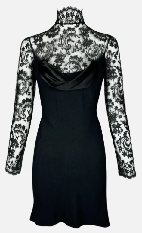 S/S 1997 Givenchy by John Galliano Sheer Black Lace Goth High Neck Mini Dress