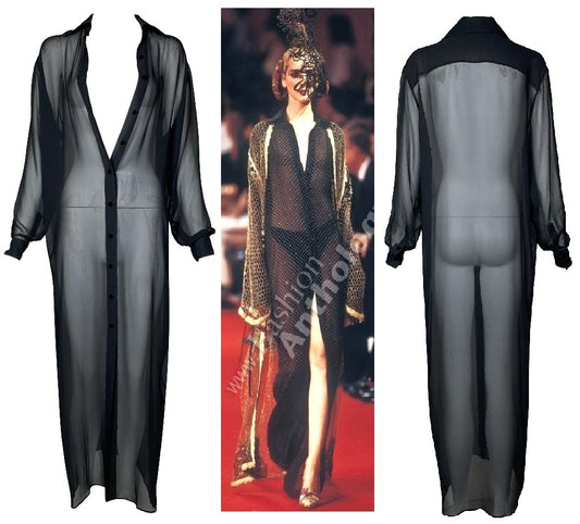 S/S 1997 Givenchy Couture by John Galliano Runway Sheer Black Silk Maxi Shirt Dress