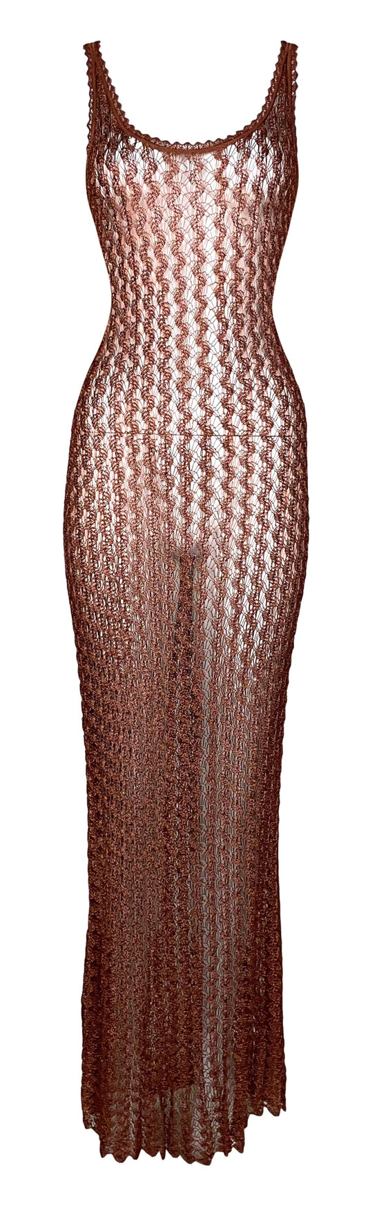 S/S 1997 Karl Lagerfeld Runway Sheer Bronze Knit Maxi Dress