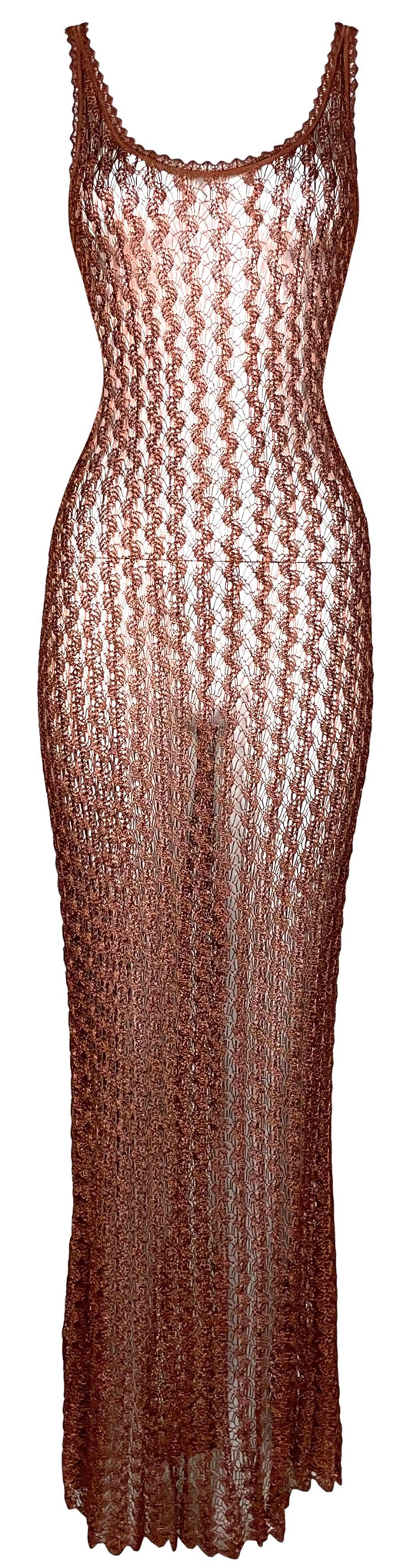 S/S 1997 Karl Lagerfeld Runway Sheer Bronze Knit Maxi Dress