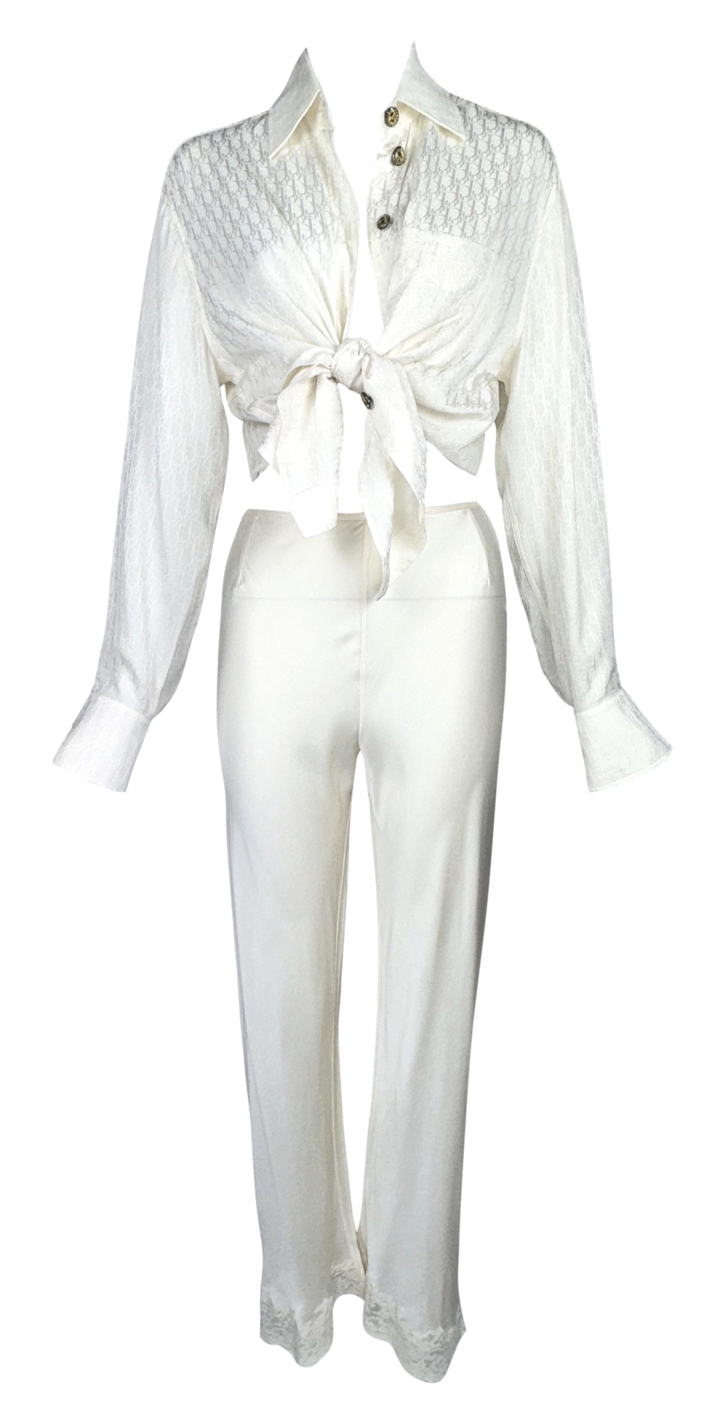 Vintage 1998 Christian Dior by John Galliano Ivory Silk Logo Monogram Button Down Shirt & Lace Flared Pants Set