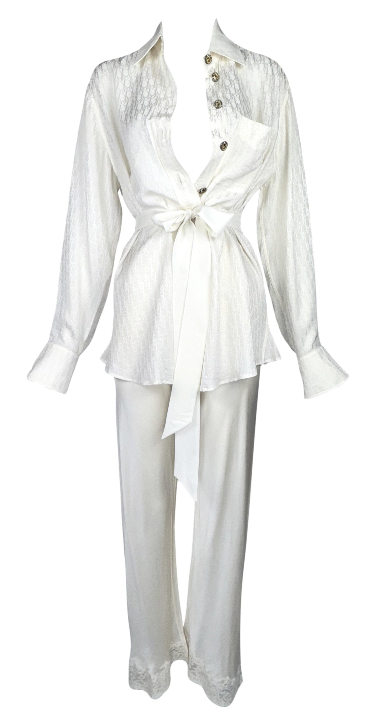 Vintage 1998 Christian Dior by John Galliano Ivory Silk Logo Monogram Button Down Shirt & Lace Flared Pants Set