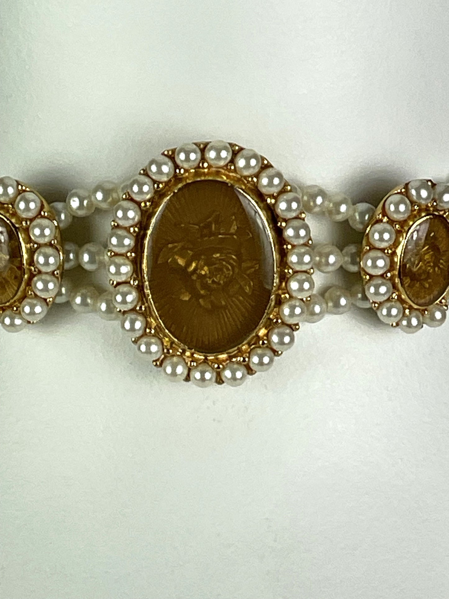 Vintage 1998 Christian Dior by John Galliano Pearl & Gold Rose Cameo Choker Necklace