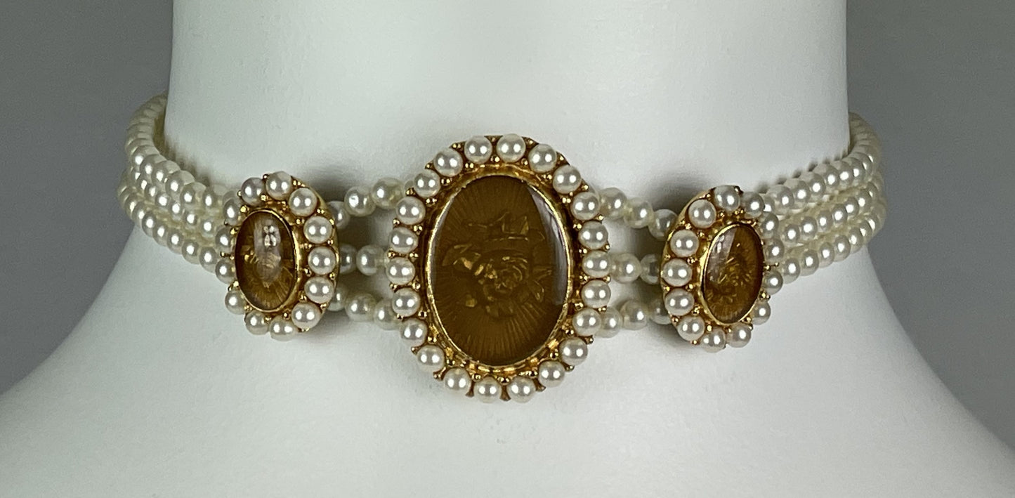 Vintage 1998 Christian Dior by John Galliano Pearl & Gold Rose Cameo Choker Necklace