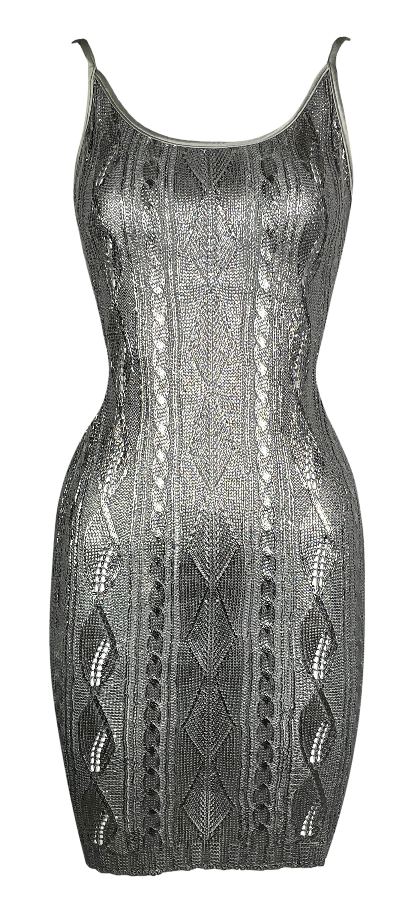 Vintage 1998 Christian Dior by John Galliano Patent Silver Knit Plunging Back Bodycon Mini Dress
