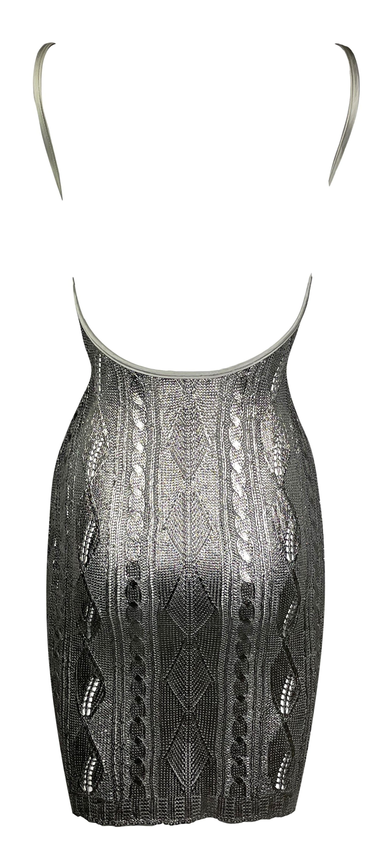 Vintage 1998 Christian Dior by John Galliano Patent Silver Knit Plunging Back Bodycon Mini Dress