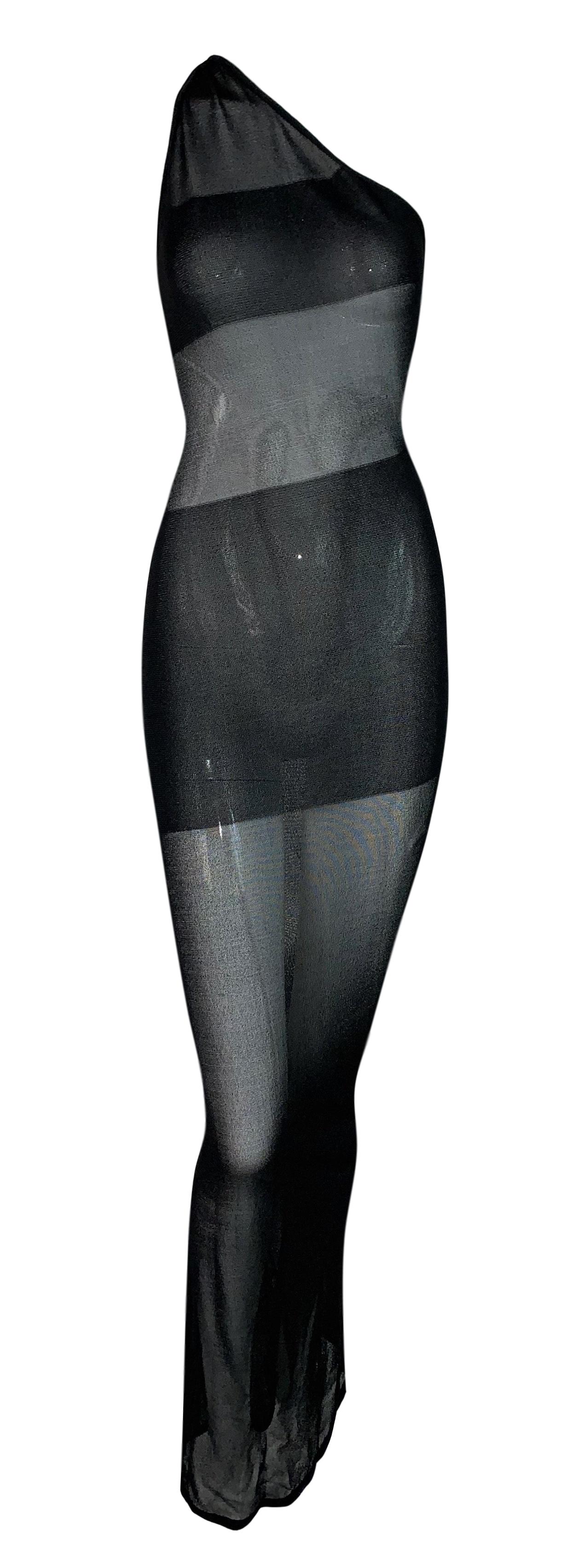 1998 Resort Christian Dior by John Galliano Runway Sheer Black Striped Mesh One Shoulder Bodycon Wiggle Maxi Dress