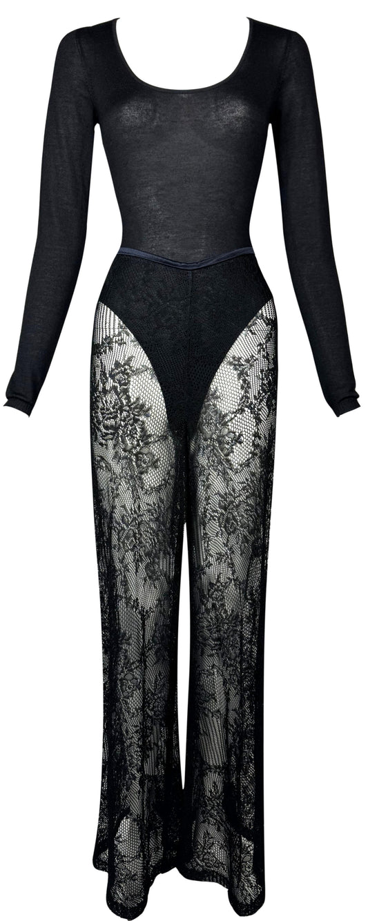 Vintage 1998 Christian Dior x John Galliano Sheer Black Scoop Neck Cashmere Bodysuit & Lace Wide Leg Knit Pants Set