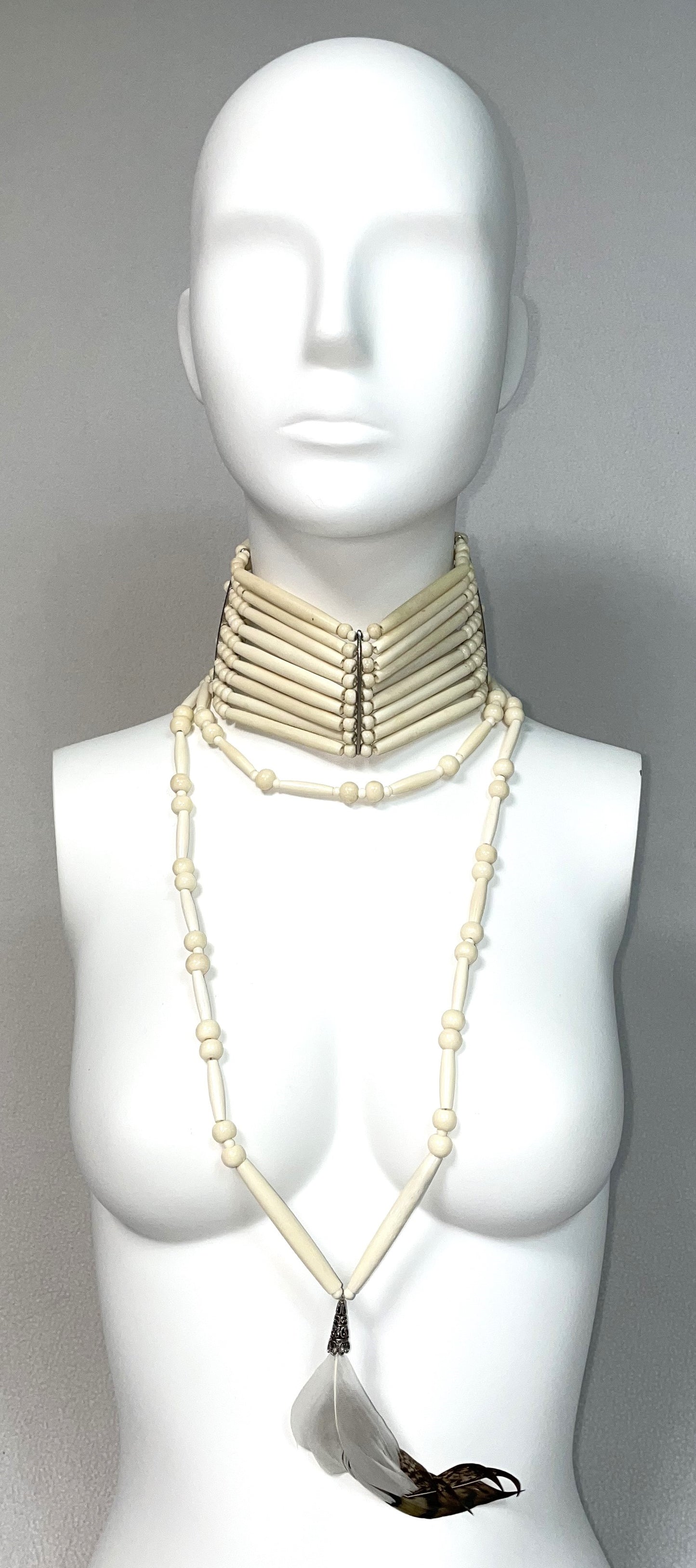 1998 Christian Dior by John Galliano Large Native American Bone Beaded Choker Feather Necklace & 2 Cuff Bracelets