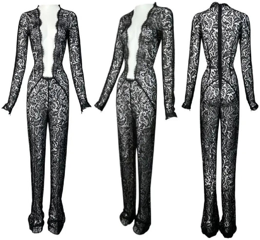 F/W 1998 Alexander McQueen Goth Queen Sheer Nude Mesh & Sheer Black Lace Plunging Jumpsuit