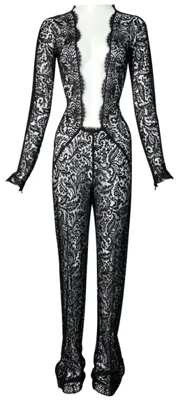 F/W 1998 Alexander McQueen Goth Queen Sheer Nude Mesh & Sheer Black Lace Plunging Jumpsuit