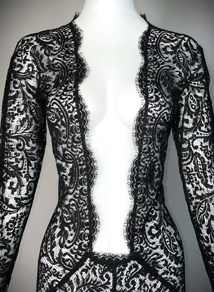 F/W 1998 Alexander McQueen Goth Queen Sheer Nude Mesh & Sheer Black Lace Plunging Jumpsuit