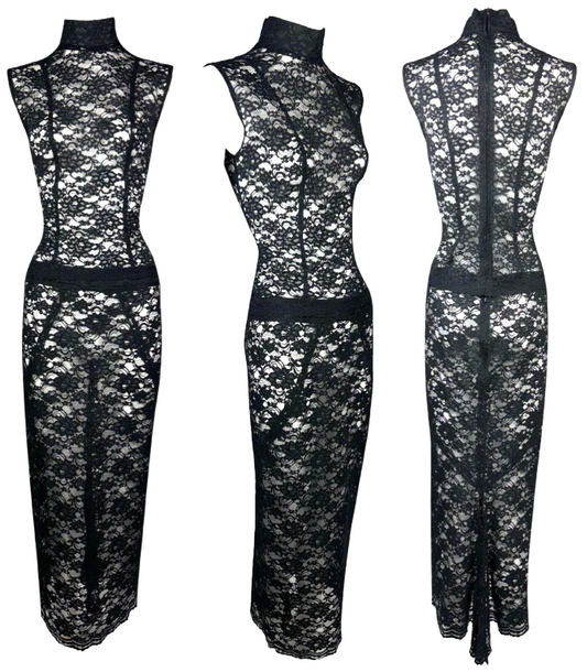 F/W 1998 Alexander McQueen "JOAN" Collection Sheer Black Lace Top & Skirt Set Dress 42