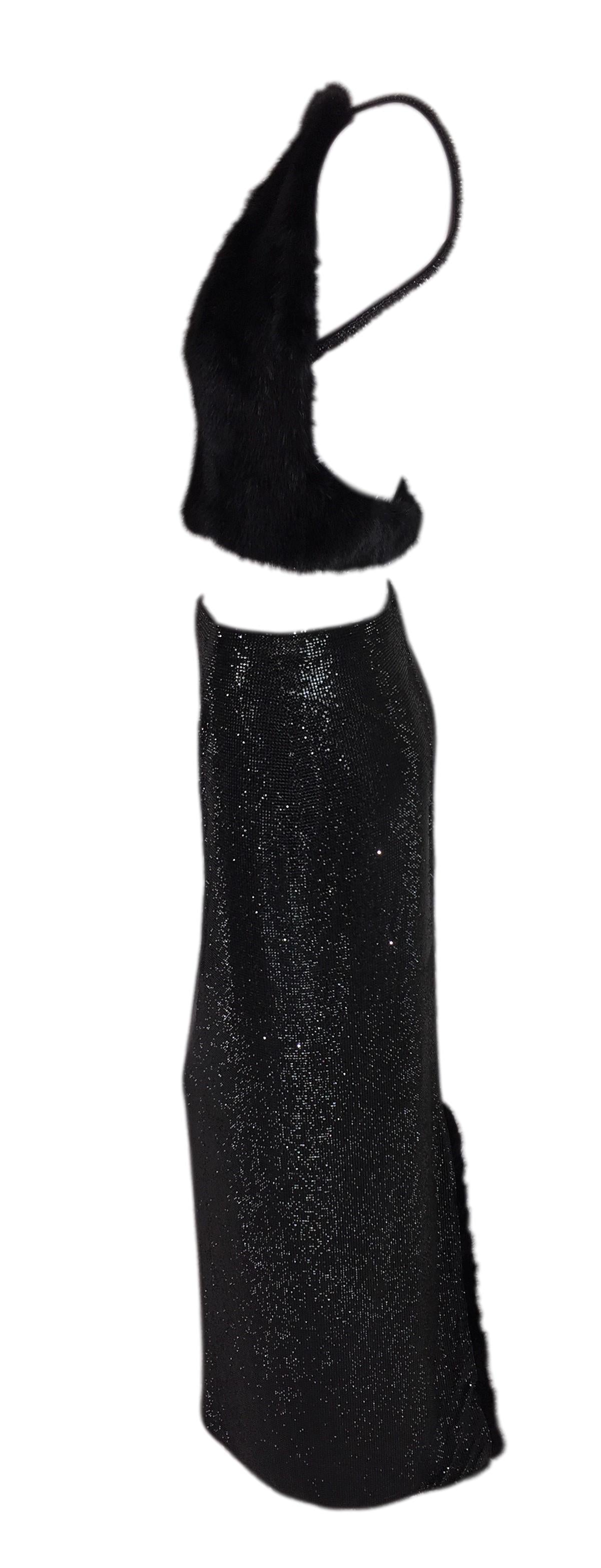 F/W 1998 Atelier Versace Couture Runway Long Black Crystal & Metal Chainmail Maxi Skirt & Mink Crop Top Set