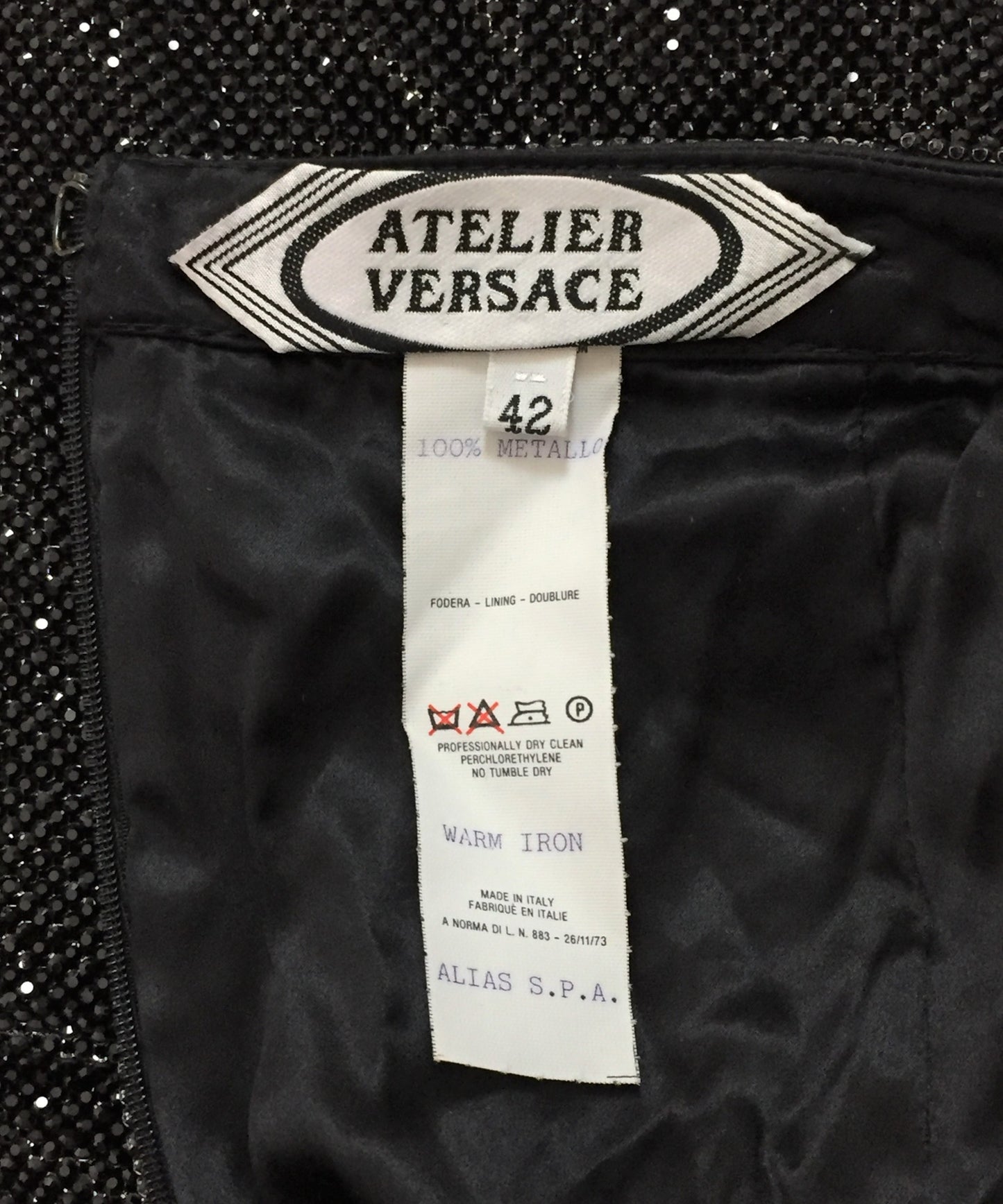 F/W 1998 Atelier Versace Couture Runway Long Black Crystal & Metal Chainmail Maxi Skirt & Mink Crop Top Set