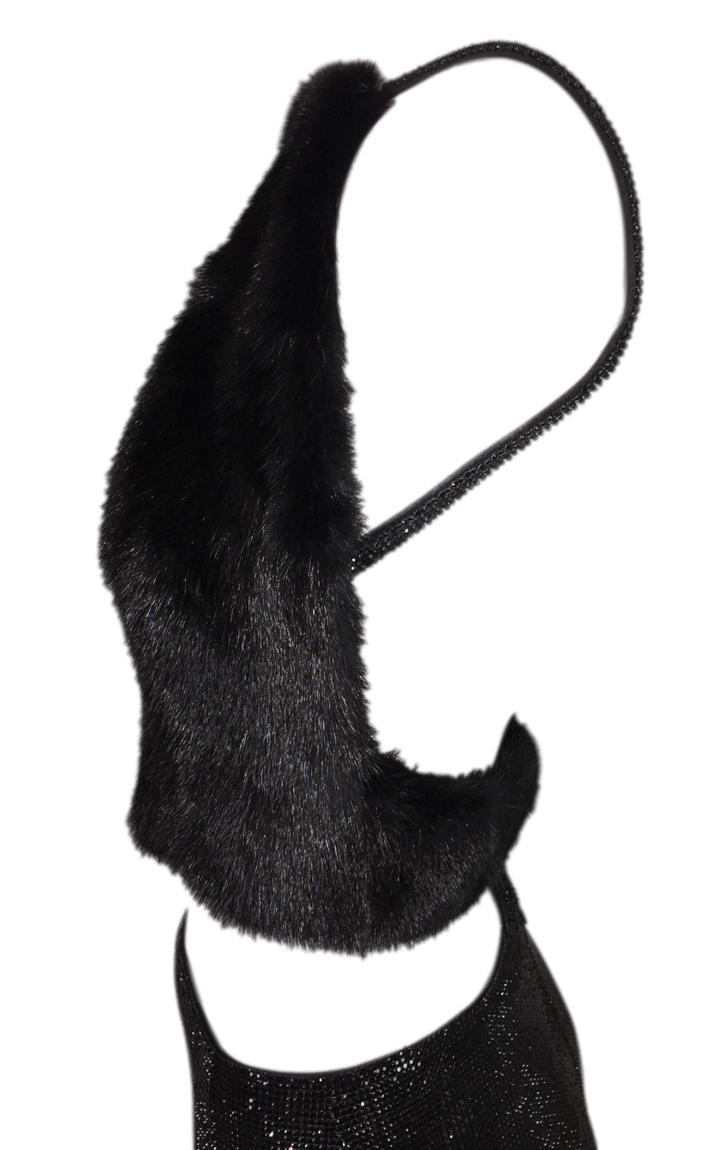 F/W 1998 Atelier Versace Couture Runway Long Black Crystal & Metal Chainmail Maxi Skirt & Mink Crop Top Set