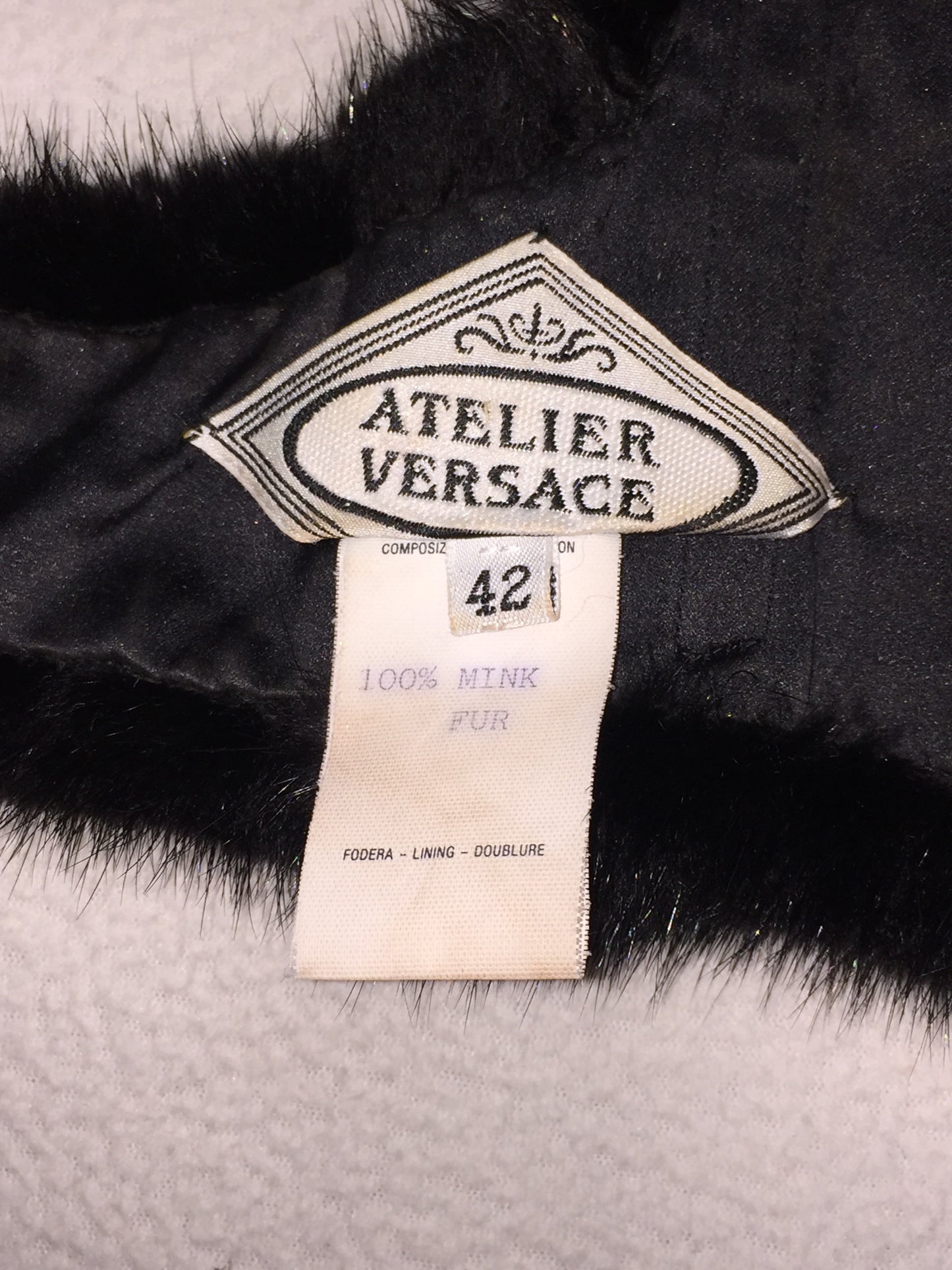 F/W 1998 Atelier Versace Couture Runway Long Black Crystal & Metal Chainmail Maxi Skirt & Mink Crop Top Set