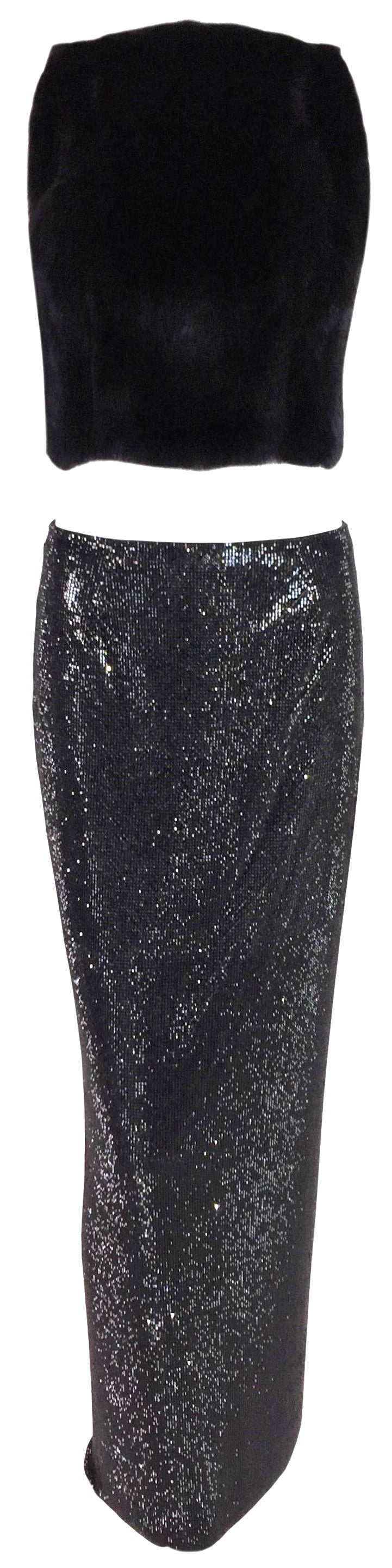 F/W 1998 Atelier Versace Couture Runway Long Black Crystal & Metal Chainmail Maxi Skirt & Mink Crop Top Set