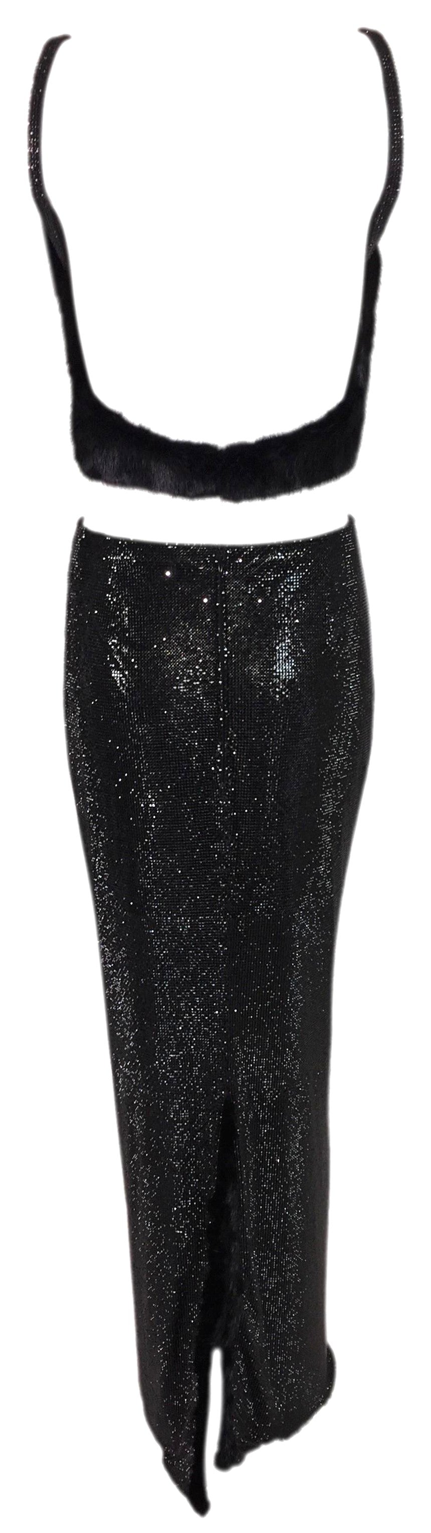 F/W 1998 Atelier Versace Couture Runway Long Black Crystal & Metal Chainmail Maxi Skirt & Mink Crop Top Set