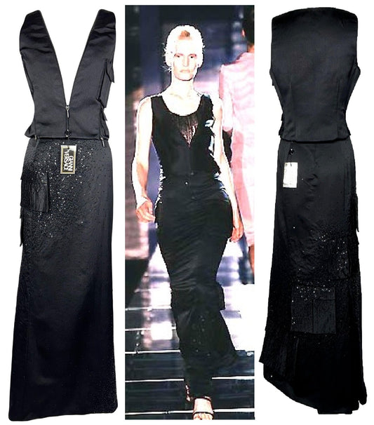 F/W 1998 Atelier Versace Couture Runway Black Beaded Silk Cargo Maxi Skirt & Plunging Zipper Top Set Dress