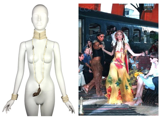 1998 Christian Dior by John Galliano Large Native American Bone Beaded Choker Feather Necklace & 2 Cuff Bracelets