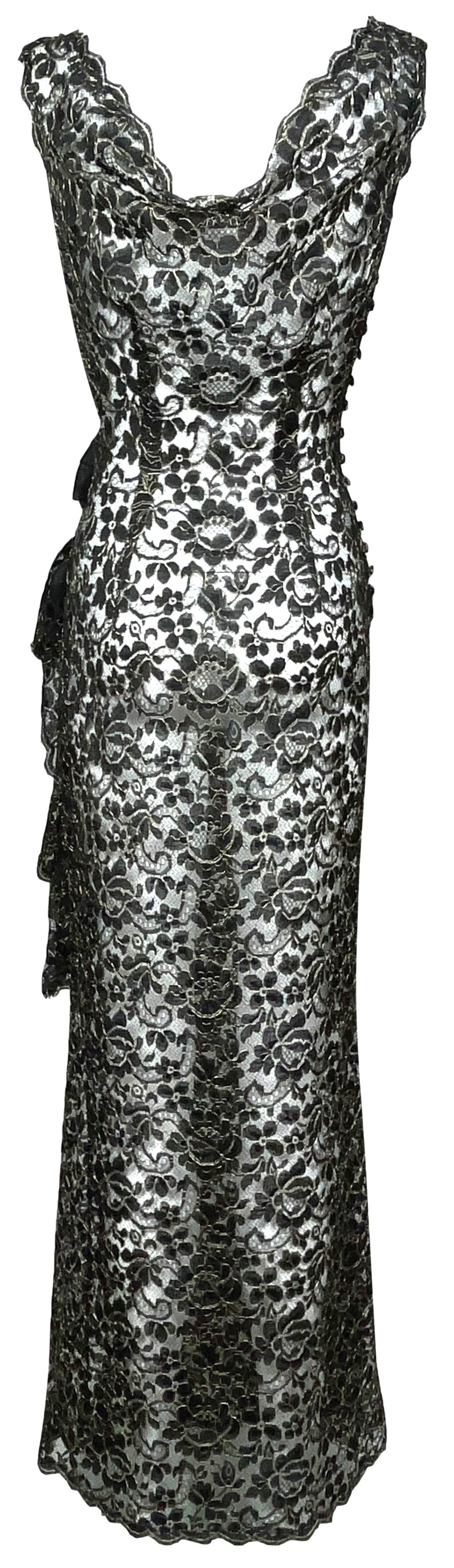 1998 Christian Dior by John Galliano Sheer Black & Gold Lace Plunging Old Hollywood Maxi Dress