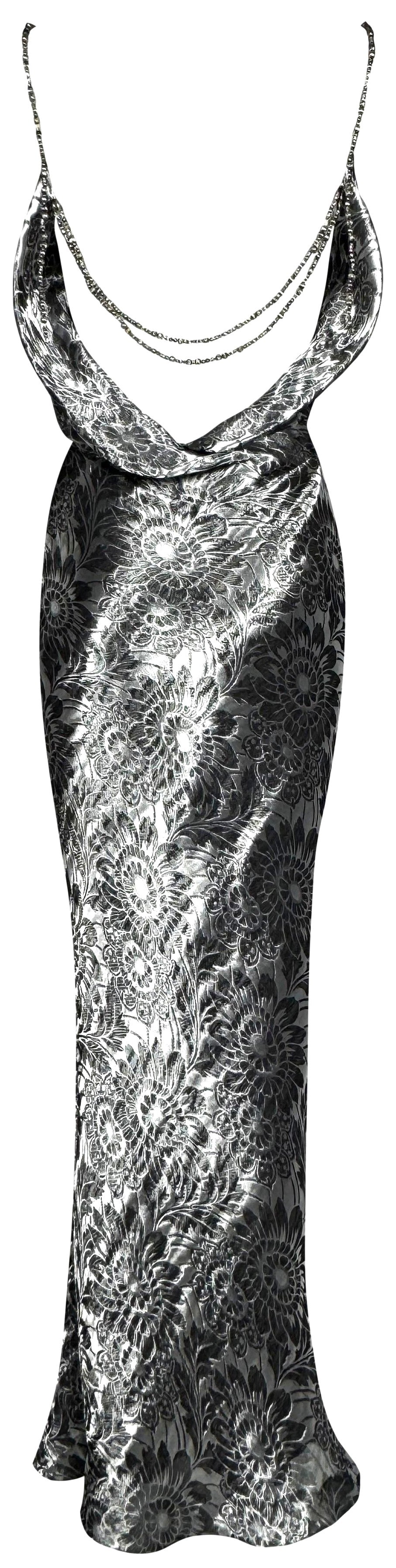 F/W 1998 Christian Dior by John Galliano Silver Lamé Bias Cut Beaded Necklace Straps Mermaid Maxi Dress Gown
