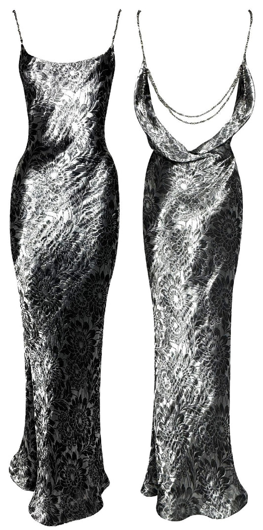 F/W 1998 Christian Dior by John Galliano Silver Lamé Bias Cut Beaded Necklace Straps Mermaid Maxi Dress Gown
