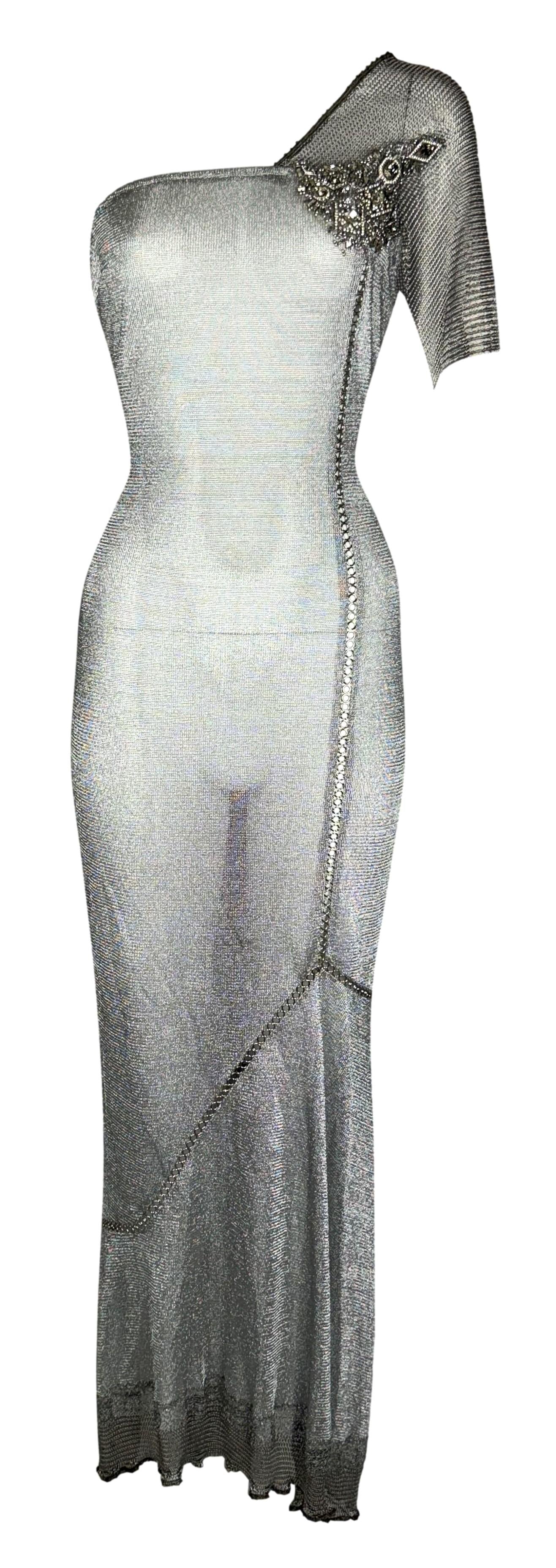 F/W 1998 Gianfranco Ferre Joan of Arc Chainmail Silver Knit Embellished Mermaid Gown Dress