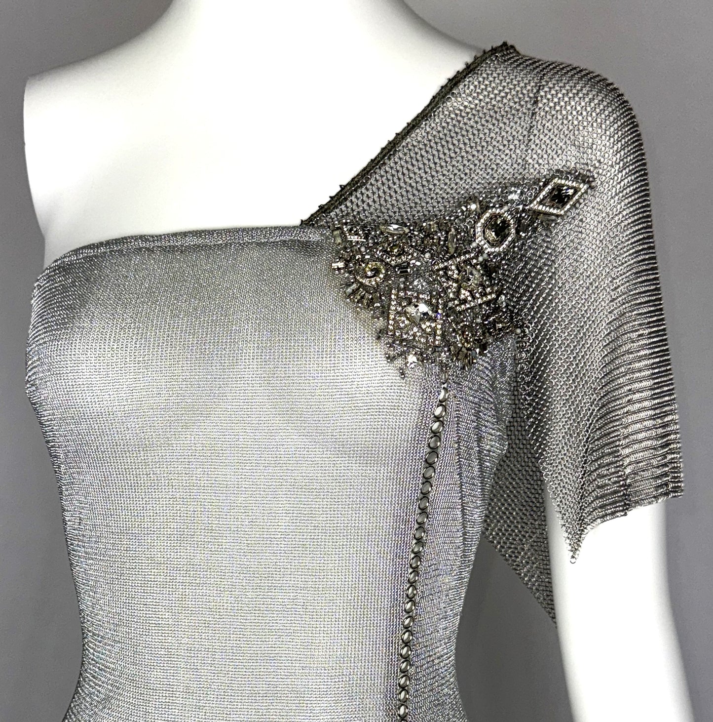 F/W 1998 Gianfranco Ferre Joan of Arc Chainmail Silver Knit Embellished Mermaid Gown Dress