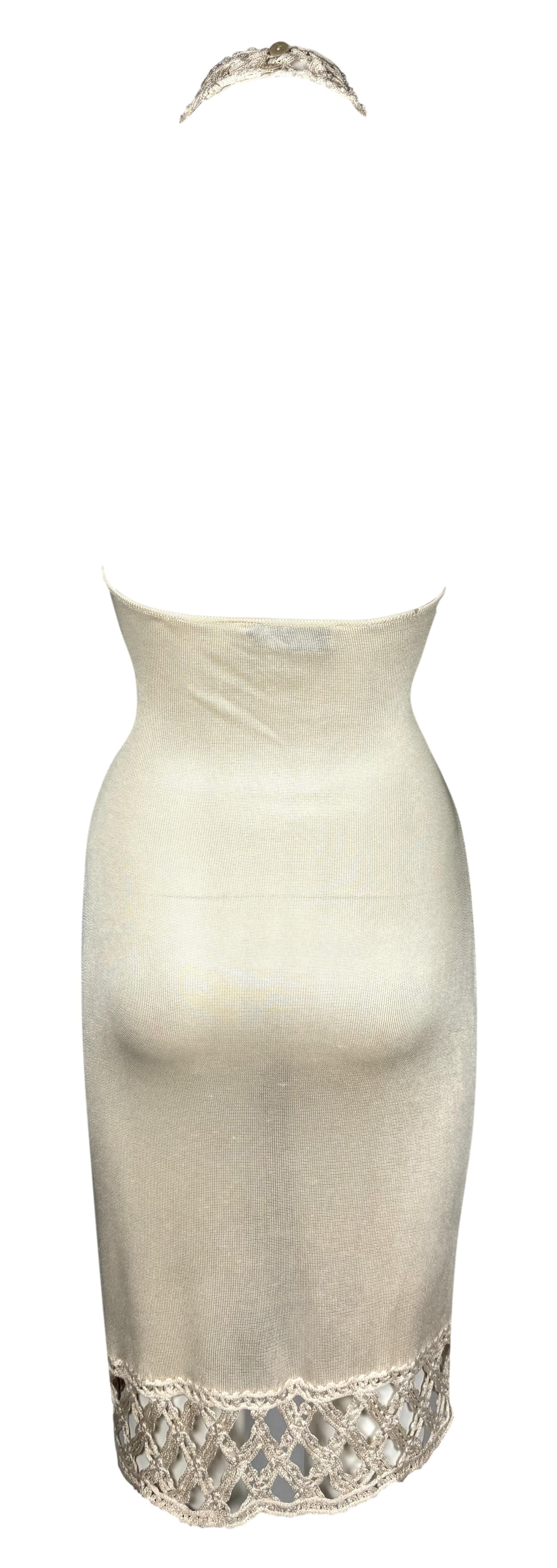 Vintage 1998 Givenchy by Alexander McQueen Sheer Cream Knit High Neck Sleeveless Bodycon Dress