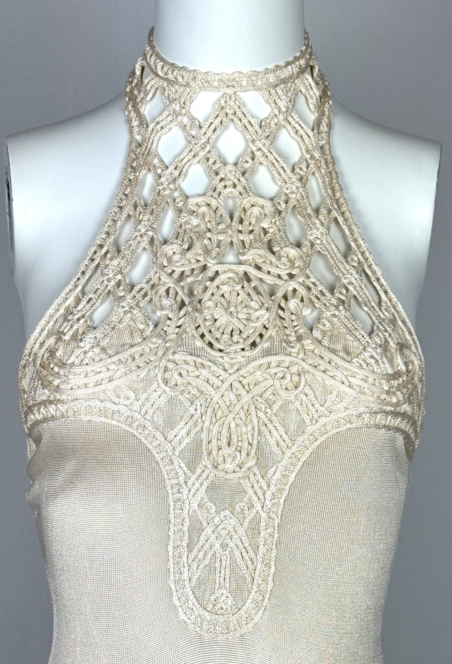 Vintage 1998 Givenchy by Alexander McQueen Sheer Cream Knit High Neck Sleeveless Bodycon Dress